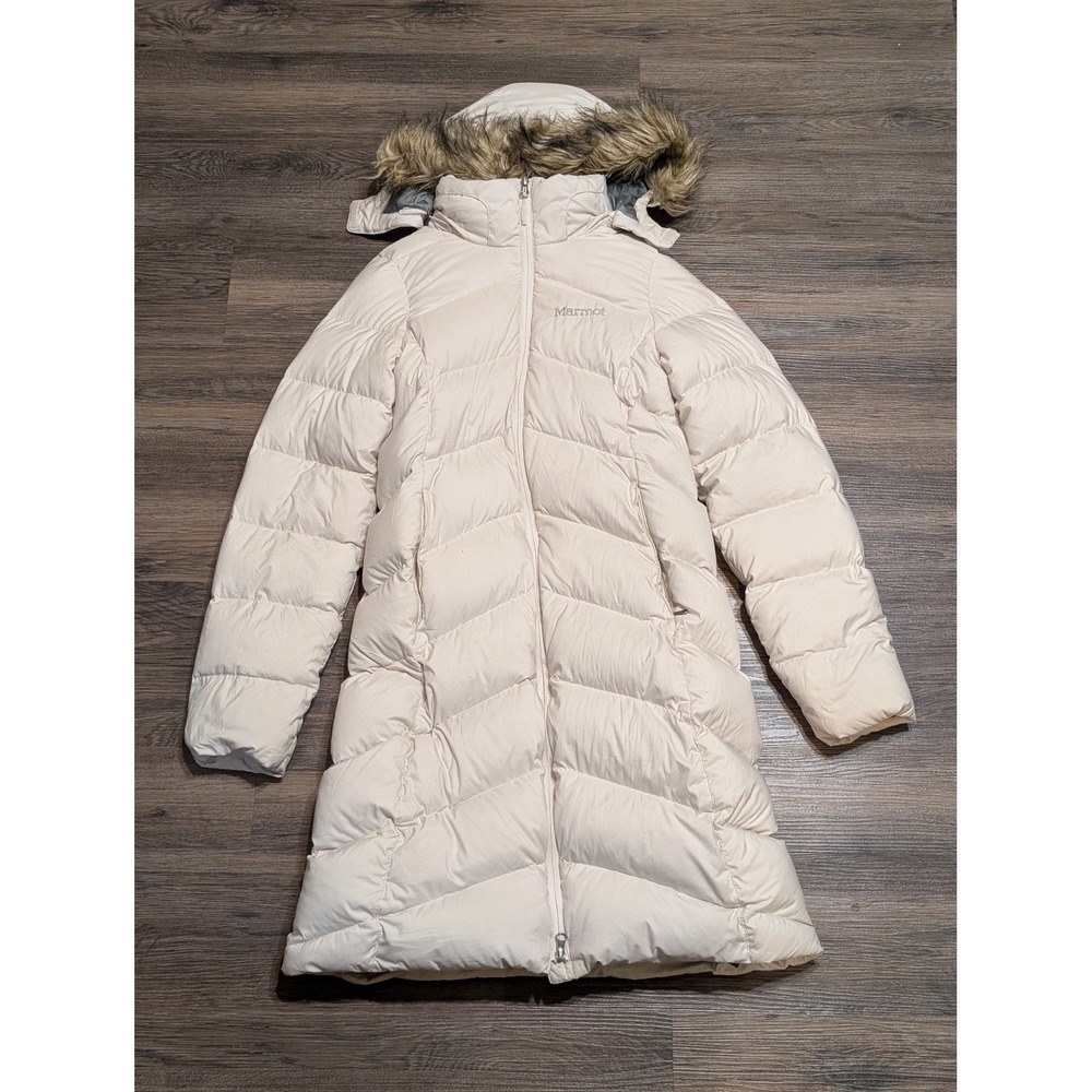 Marmot 700 Fill Down Parka Jacket Off White Womens Small Faux Fur Hood READ
